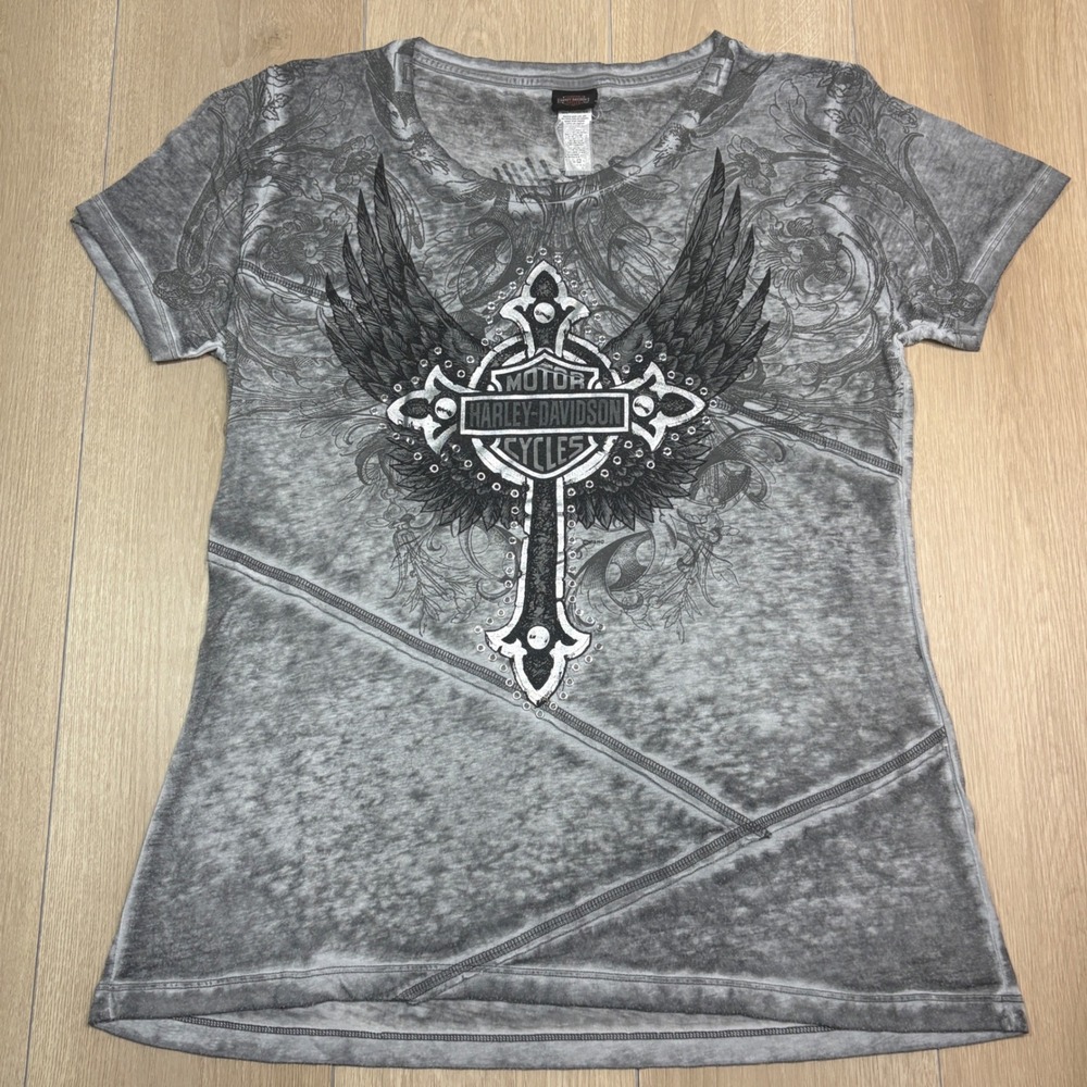 Y2K Harley-Davidson Gray Winged Cross Rhinestone Graphic T-Shirt Black Hills